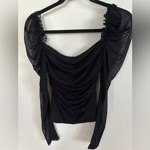 Floerns Women's Mesh Sheer Ruched Tops Square Neck Puff Long Sleeve